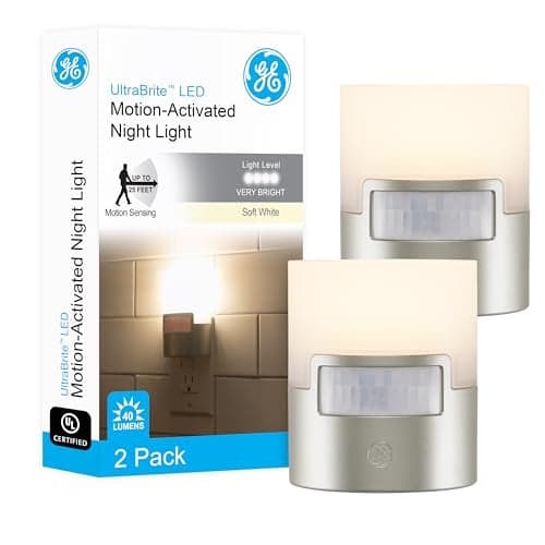 GE LED Motion Sensor Night Light, Plug into wall, 40 Lumens, Soft White, UL-Certified, Energy Efficient, Ideal Nightlight for Bedroom, Bathroom, Kitchen, Hallway, 46633, Silver, 2 Pack