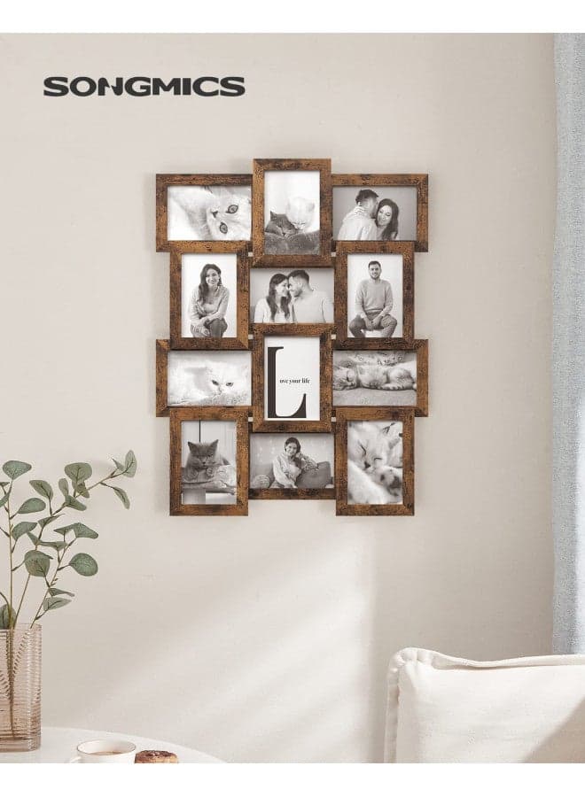 SONGMICS Collage Picture Frames, 4x6 for Wall Decor Set of 12, Multi Family Photo for Gallery Decor, Hanging Display, Assembly Required, Rustic Brown