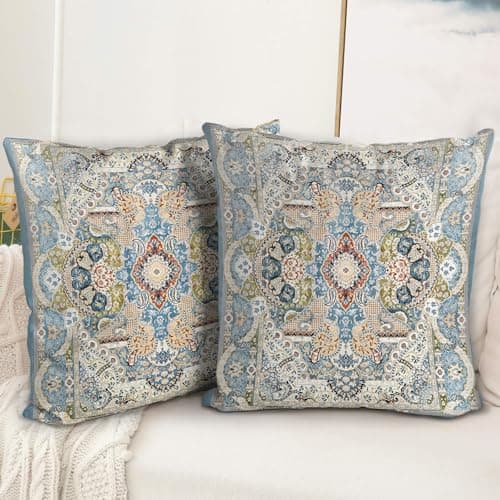 BUAEL Boho Floral Throw Pillow Covers 20x20 inch Set of 2,Blue Boho Rug Geometric Floral Pattern Decor Double Sided Pattern Cushion Cover Soft Pillow Case Living Sofa Room Bed Square Pillow Cover