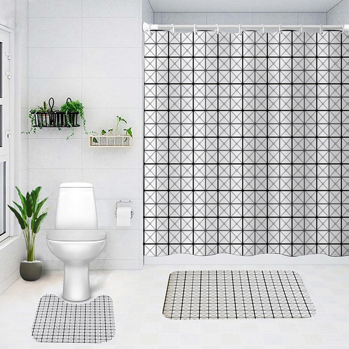 The Better Home Shower Curtain Bathroom Mat Set 3pc 6 Ft Shower Curtains for Bathroom UShaped Anti Skid Mat for Bathroom Floor Non Slip Mat for Bathroom Mold Resistant Cross Check White