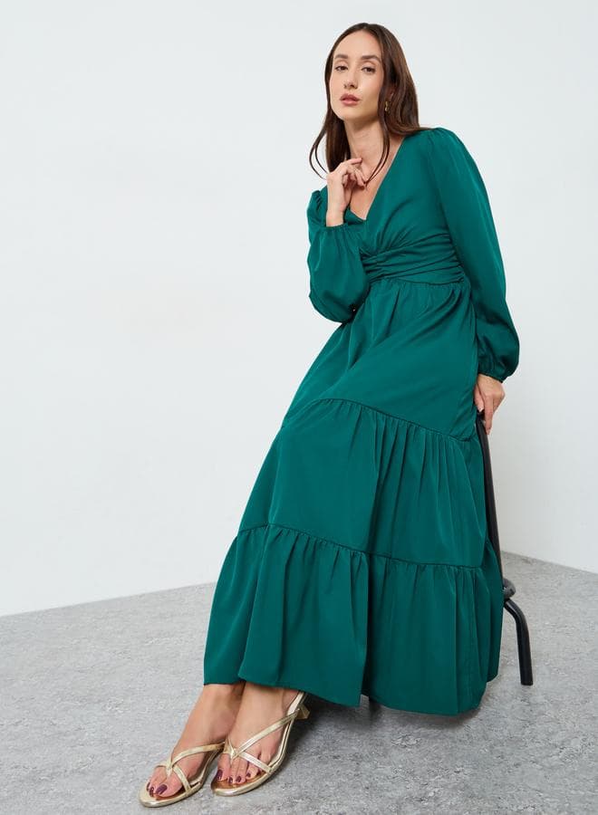 Women Solid V Neck Tiered Maxi Dress