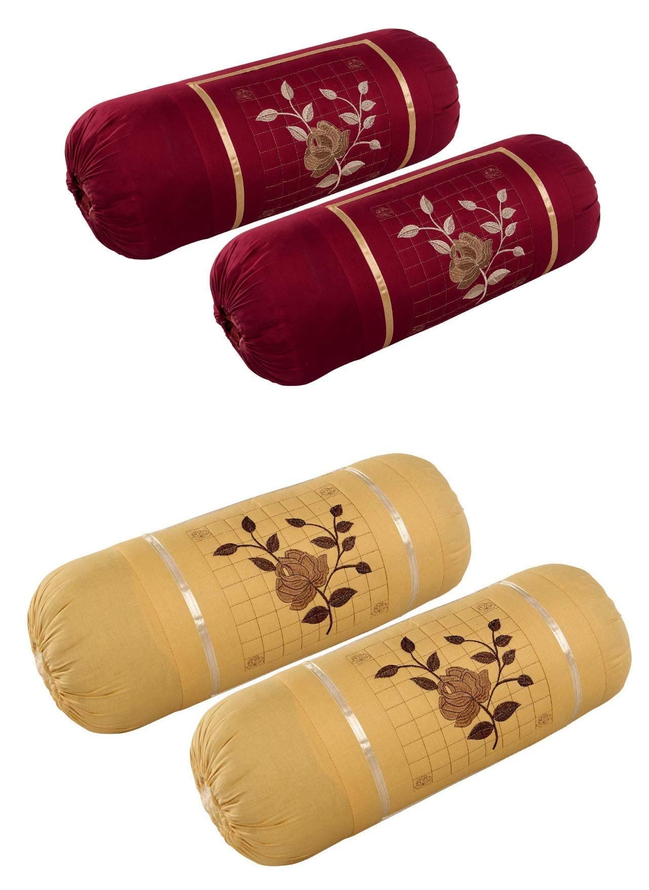 HSR Collection Premium Cotton Embroidery Bolster Cover Set of 4, Maroon & Beige