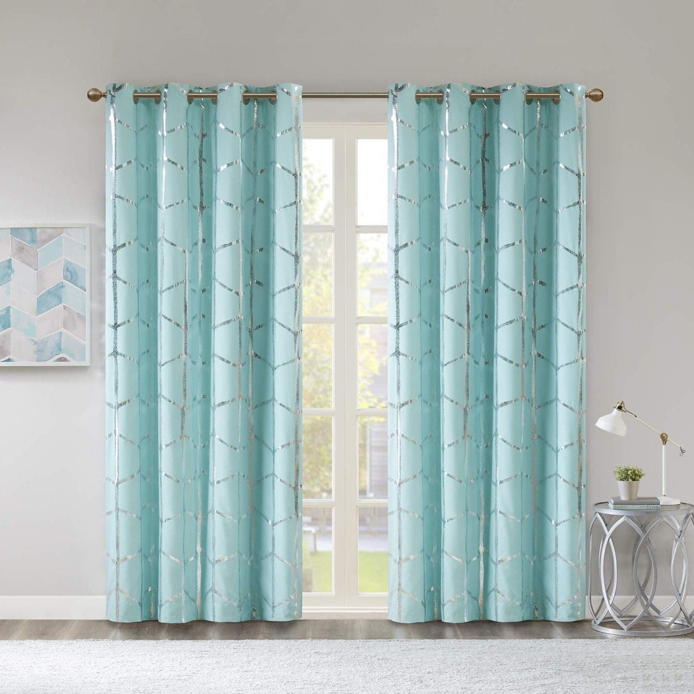 Intelligent Design Raina Total Blackout Metallic Print Grommet Top Single Curtain Panel Thermal Insulated Light Blocking Drape for Bedroom Living Room and Dorm 50x63 AquaSilver 1 Piece