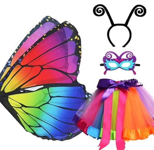 DQZ Fairy ButterflyWings Costumes for Girls Dress Up Clothes Rainbow Tutu Mask Headband Role Play Toys for Girl 38 Gift Rainbow