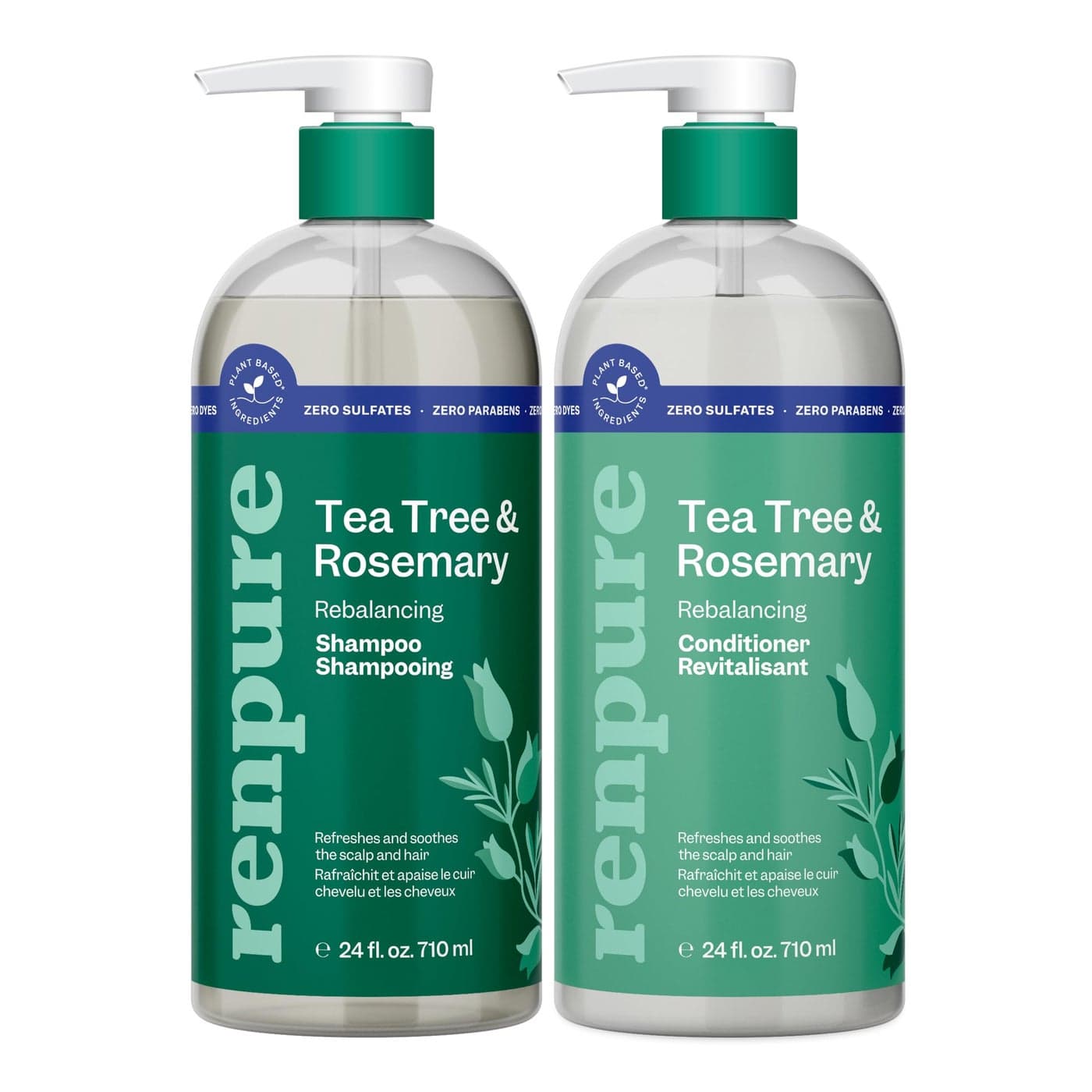 Renpure Tea Tree Rosemary Shampoo Conditioner Set Plant Based Refreshes Rebalances Hair and Scalp For OilyNormal Hair Tea Tree Leaf Oil Rosemary Leaf Extract 24 Fl Oz each 2 Pack