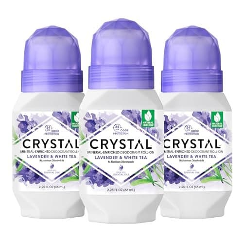 CRYSTAL Deodorant Aluminum Free Mineral Deodorant Roll-On for Women & Men, Lavender & White Tea - Paraben Free - Certified Cruelty Free & Vegan Deodorant - Prevents Odor Up to 24 Hours ,2.25 Fl Oz (Pack of 3),21661-3