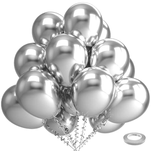 Bezente Silver Metallic Chrome Latex Balloons, 100 Pack 12 inch Silver Round Helium Balloons for New Years Wedding Anniversary Bridal Shower Birthday Bachelorette Party Decorations