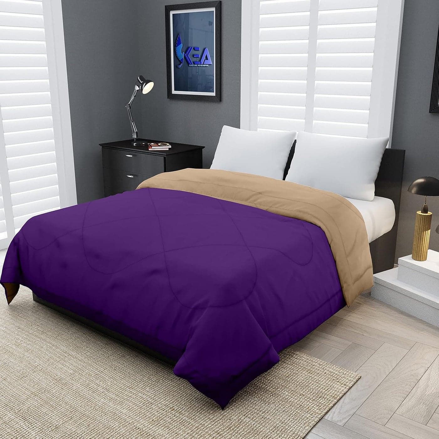 KEA Microfibre Reversible Single Bed ComforterDuvet for All Weather Purple Taupe 250GSMComforter Single
