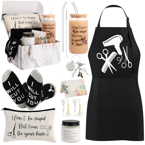 10 Pieces Hairdresser Gifts Set for Women Hair Stylist Appreciation Gift Christmas Gifts Set with Tumbler,Socks,Makeup Bag,Keychain,Candle,Scissor Hair Clips,Apron,Greeting Card (Glass Cup)