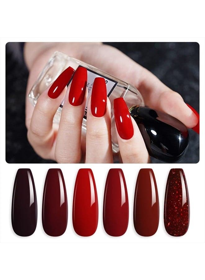 Burgundy Red Gel Nail Polish Set of 6 Colors Including Black Glitter Red Gel Polish Kit U V LED Soak Off Nail Polish Home DIY Manicure Nail Salon Varnish