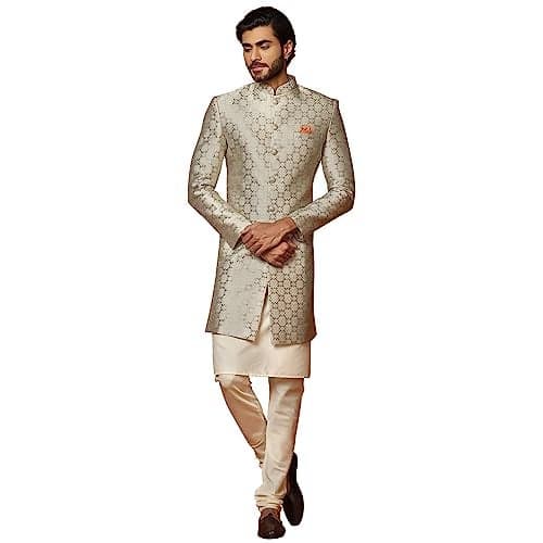 KISAH Men's Grey and Cream Indo-Western Kurta Sherwani Churidar Set Cotton Full Sleaves, Knee Length, Straight, Regular Fit, Mandarin Collar Ethnic Wear