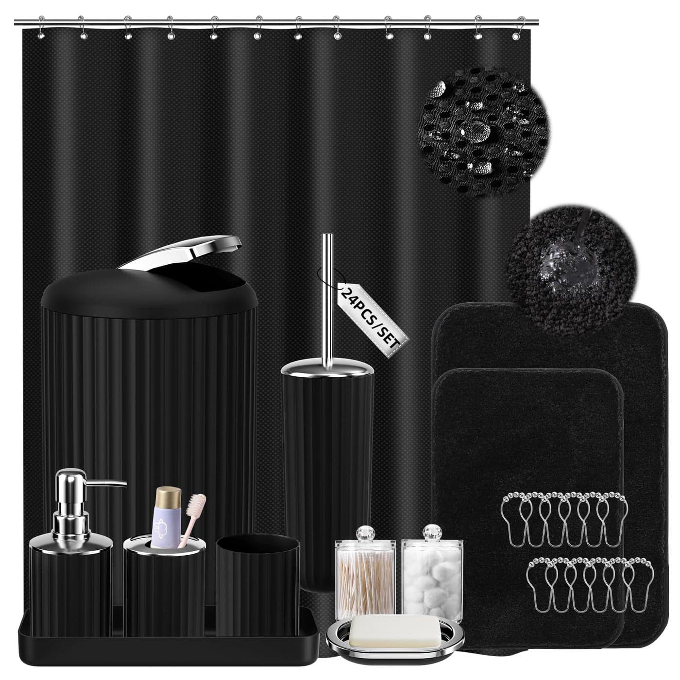 XLHOMO 24 PCS Black Bathroom Accessories Set with Shower Curtain and Rugs Bathroom Sets with Extra Soft and Absorbent Bath Rugs Shower Curtain Black Bathroom Sets for Bath