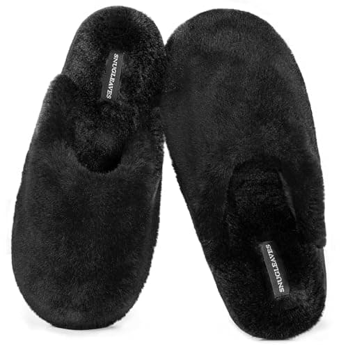 Snug Leaves Women's Fuzzy Scuff Slippers Soft Comfy Memory Foam Non-slip Indoor House Shoes (Black, Size 9-10)