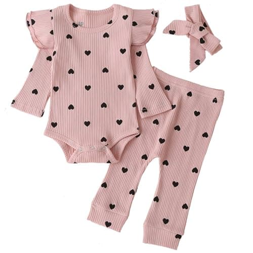 Fullfamous Infant Baby Girl Clothes Outfits,Fall Winter Romper Christmas Clothing Set 9-12 months Pink Heart