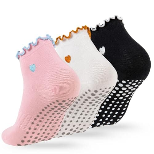 Soxbang 3/6 Pairs Cute Pilates Socks with Grips,Yoga Socks Barre Sock Non Slip Embroidery for Barre Ballet Workout (US, Numeric, 5, 9, Regular, Regular, Ruffle(1Black1pink1white))