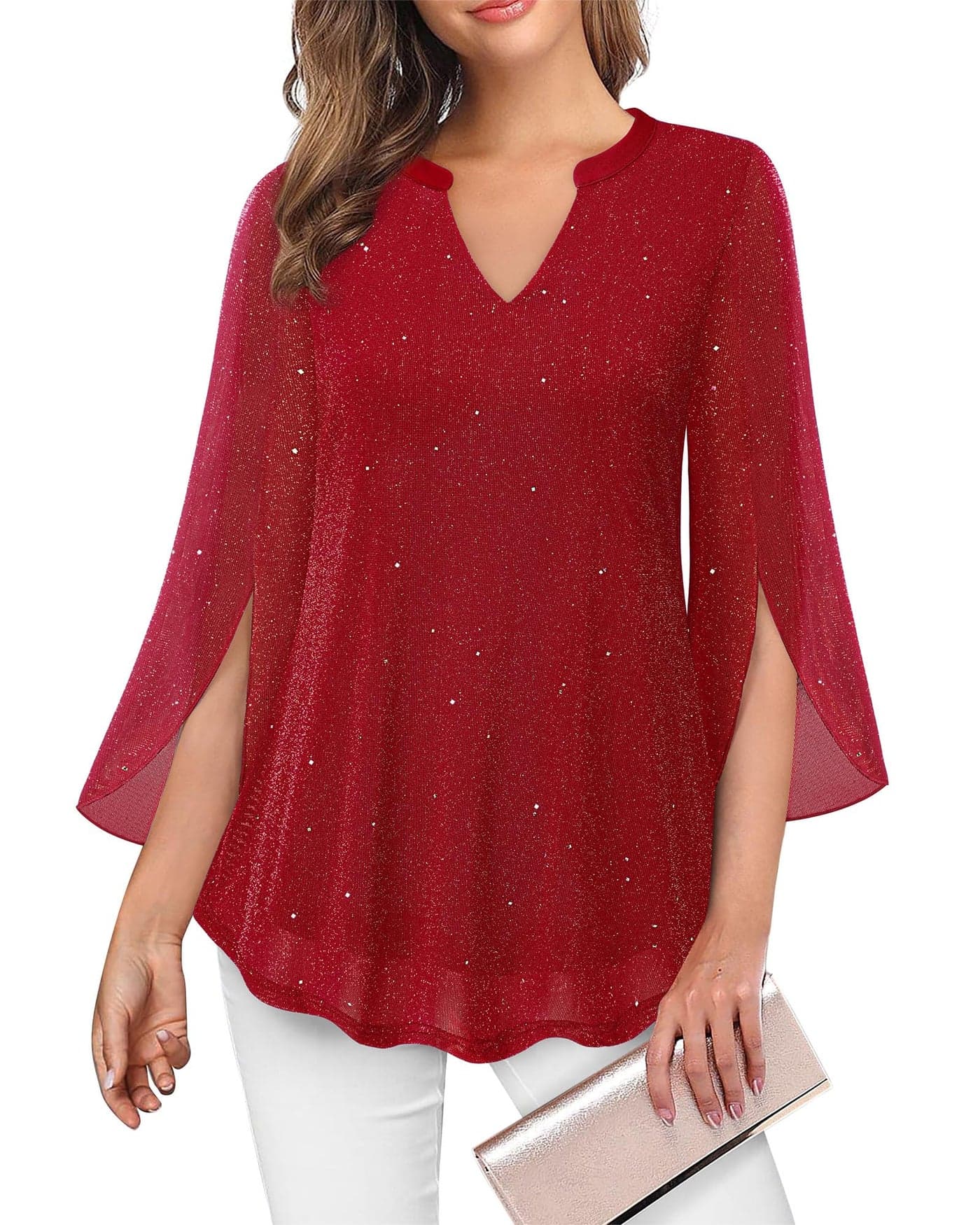 VALOLIA Plus Size Tops For Women Dressy, Ladies Fall Blouses Festival Holiday Beautiful Flowing Tops Luxury Clothing For Women Casual Evening Outfits Sparkly Red X-Large