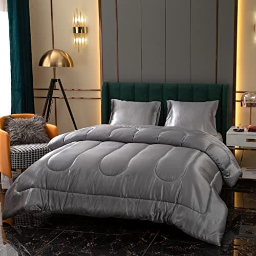 Satin Comforter Set - King Size, Luxury Hotel Style, Silk Like, Polyester Filling, 1 Comforter 2 Pillowcases (Grey)