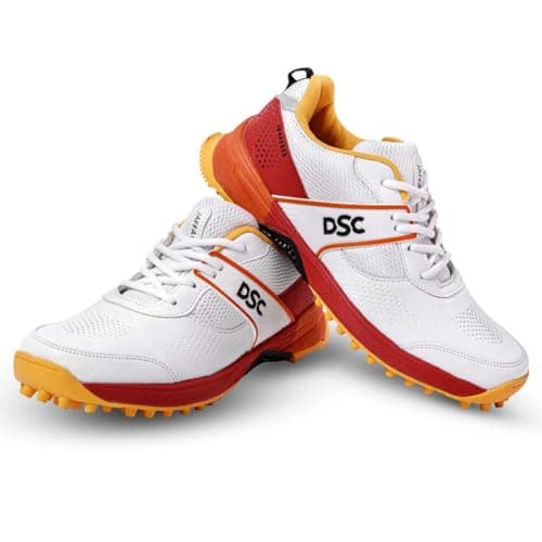 DSC Jaffa Neo Cricket Shoes | Color: Red/Yellow | Size: 6 UK/ 7 US/ 40 EU | Material: PVC | for Men & Boys | Lightweight and Durable | Superior Cushioning | Breathable Mesh