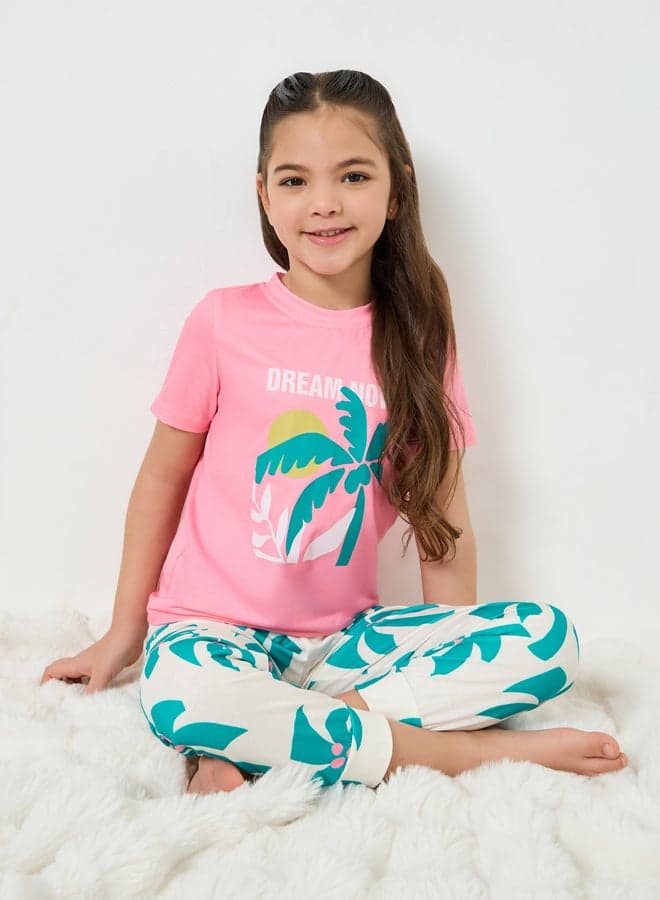 Girls Printed Short Sleeve T-Shirt and Pyjama Set