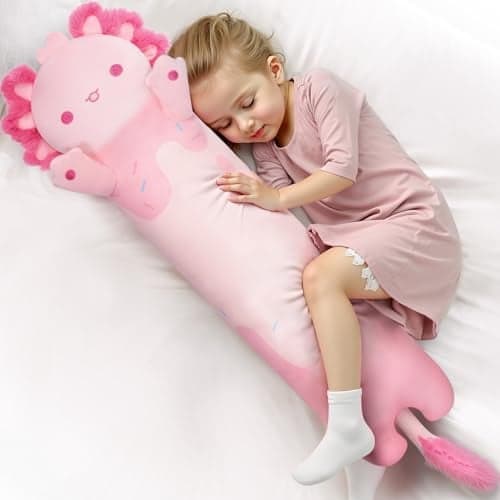 Mewaii Long Axolotl Plush 5 Sizes 120 Extra Filling Giant Plushness Kids Body Pillow Kawaii Cute Pink Axolotl Stuffed Animals Plushies Big Long Body Pillow Cat Plush Gift for Girls 44