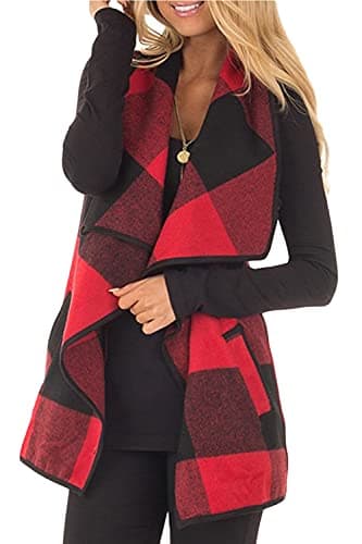 YACUN Women Buffalo Plaid Vest Lapel Open Front Sleeveless Jacket Outerwear Cardigan with Pockets Red XXL