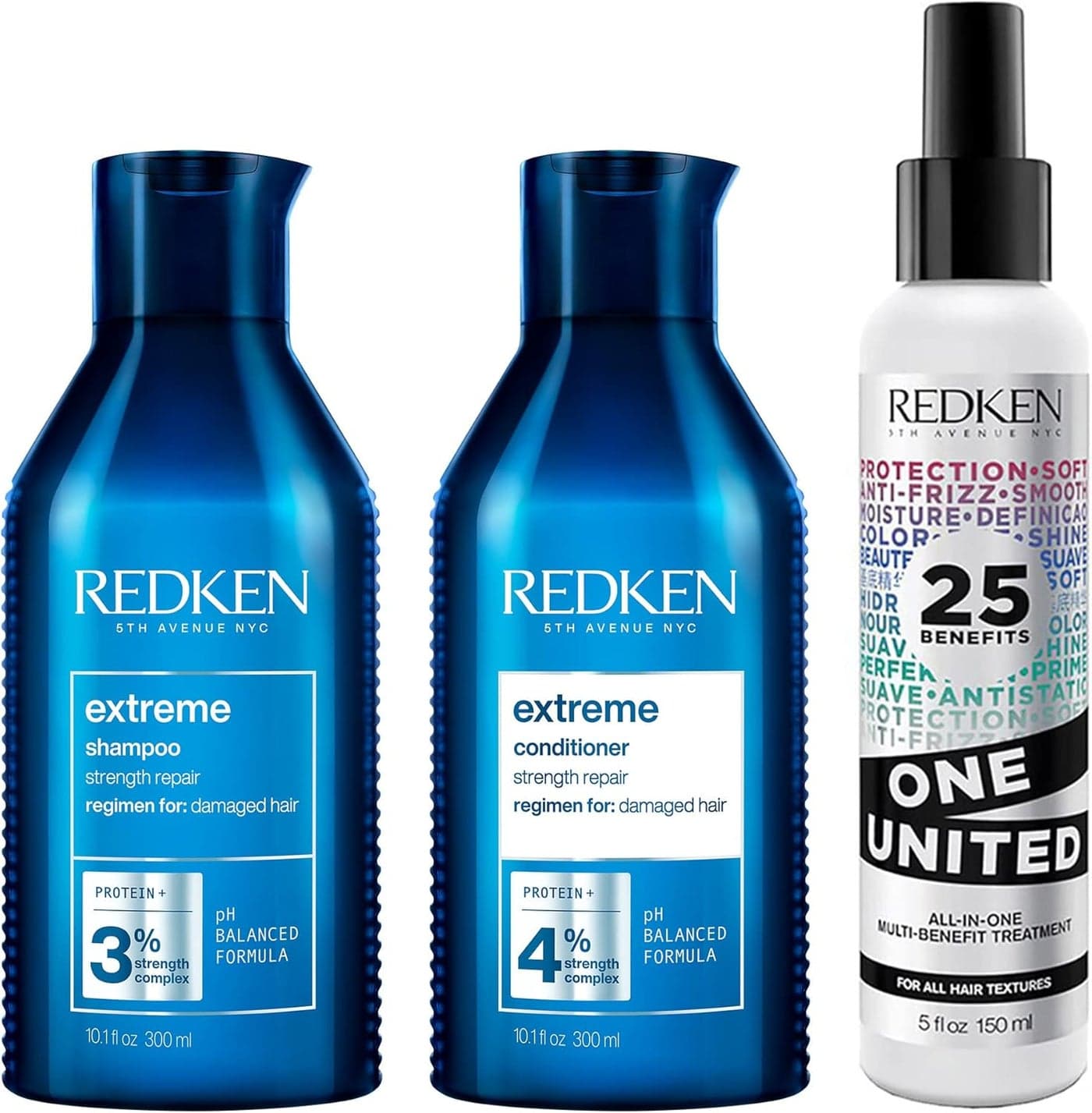 REDKEN Hair Softening Pamper Pack Extreme Shampoo and Conditioner 300 ml with One United 25 MultiBenefits Leave In Conditioner and Treatment Spray 150 ml Trio Routine