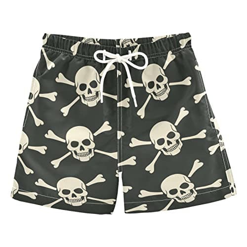 Aflyko Halloween Boys' Board Shorts White Pirate Skull Teens Swim Trunk Girls Bathing Suit All Day Shorts
