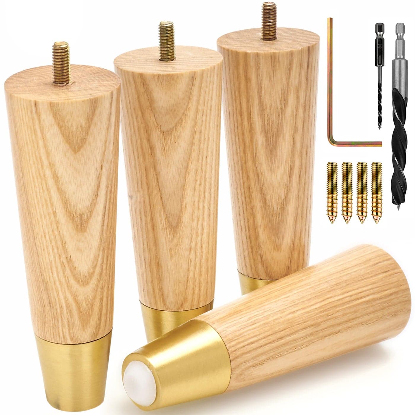 Airy Abode Premium Ash Wood Furniture Legs with Gold Caps Full Install Kit Pick Your Size and Color