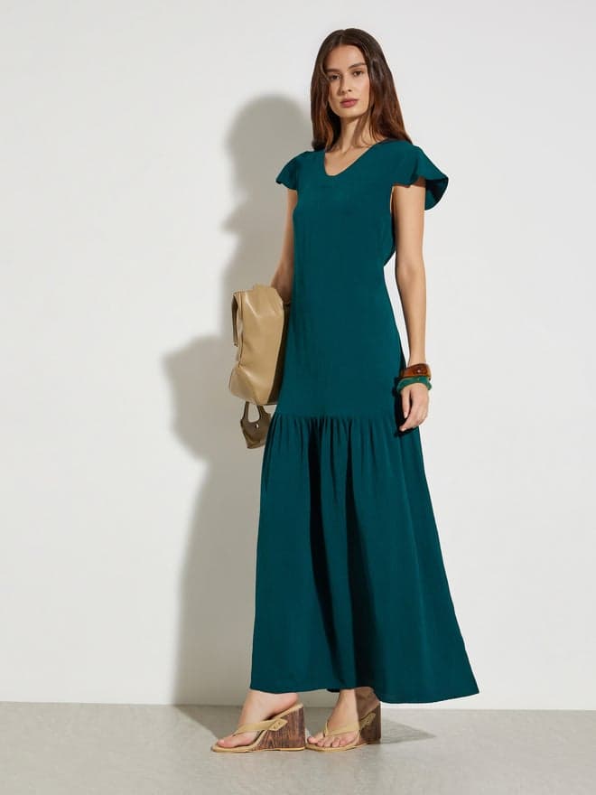 Styli Dark Green V Neck A-Line Maxi Dress