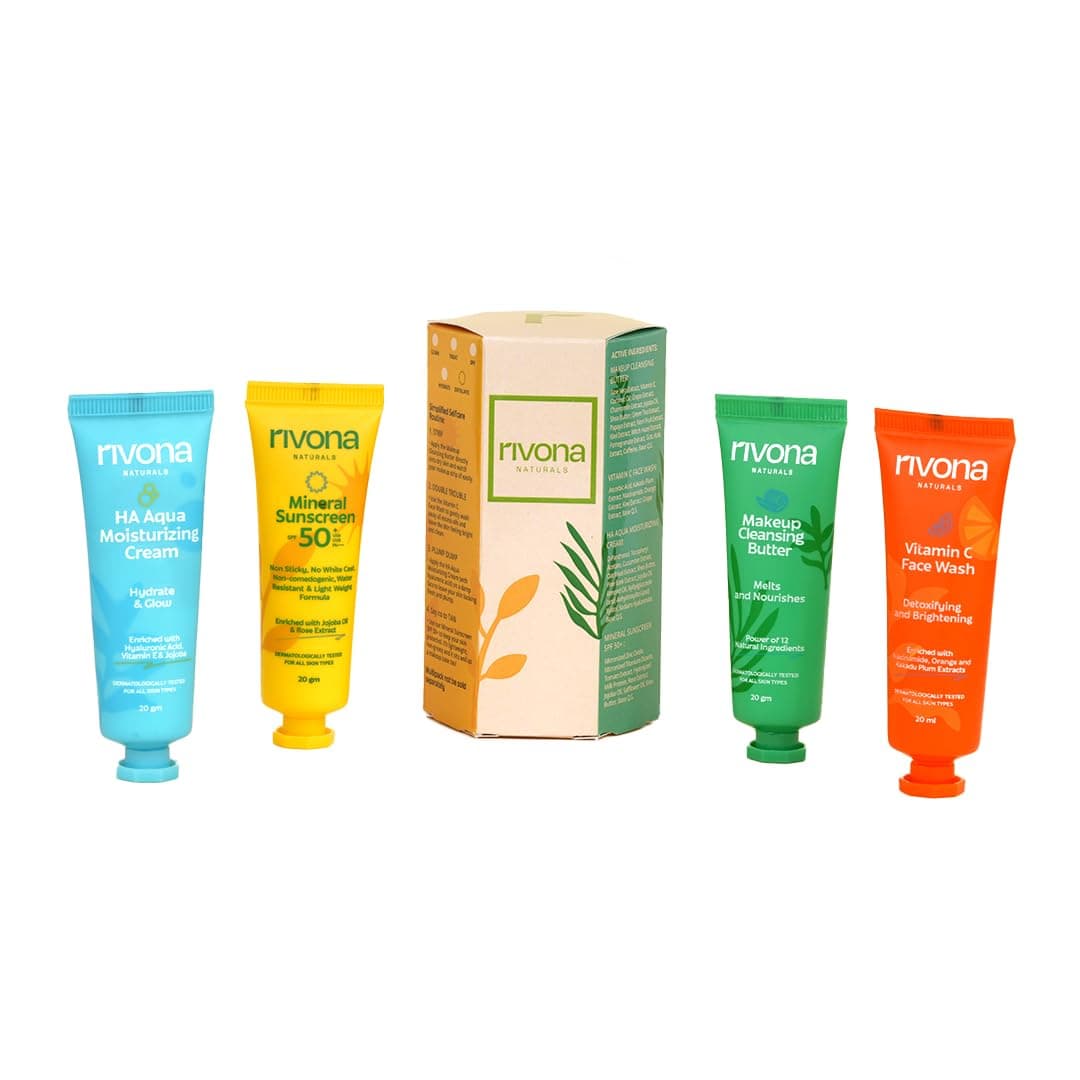 Rivona Naturals Skincare Travel Kit PO4 Sunscreen UV protection Face wash Face cream Cleansing balm For Men Women 100 Vegan Natural Cruelty free All skin types