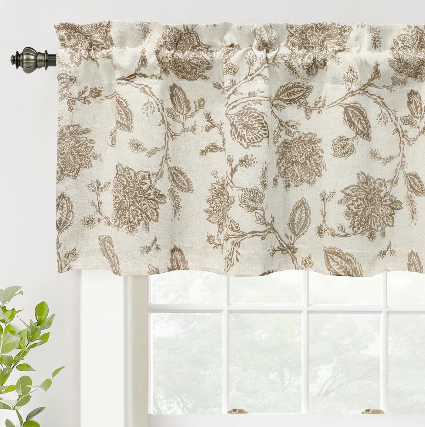 DriftAway Freda Jacobean Floral Linen Blend Blackout Thermal Insulated Energy Saving Privacy Window Linen Curtain Valance Rod Pocket 2 Layers Single 52 Inch by 18 Inch Plus 2 Inch Header Taupe