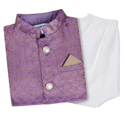 superminis Boy's Cottton Kurta With Golden Thread Work Nehru Jacket and Elastic Closure Pyjama Set (18-24 Months, Purple)