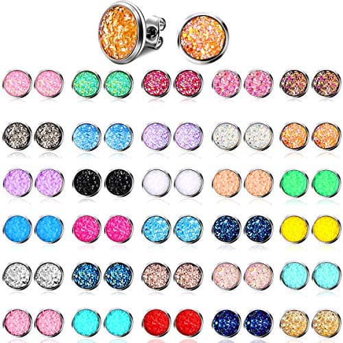 32 Pairs Faux Druzy Stud Earrings Stainless Steel Druzy Stud Earrings Glitter Pierced Earrings for Women (Round Shape)