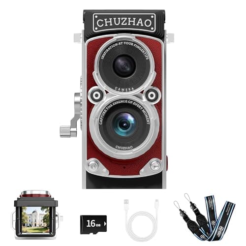 CHUZHAO Vintage Mini Digital Camera, Portable TLR Style Retro Point and Shoot Compact Small Pocket 1080P FHD Video 12MP Autofocus Vlogging Camera with 16 GB Card for Beginners Teens Adults Red