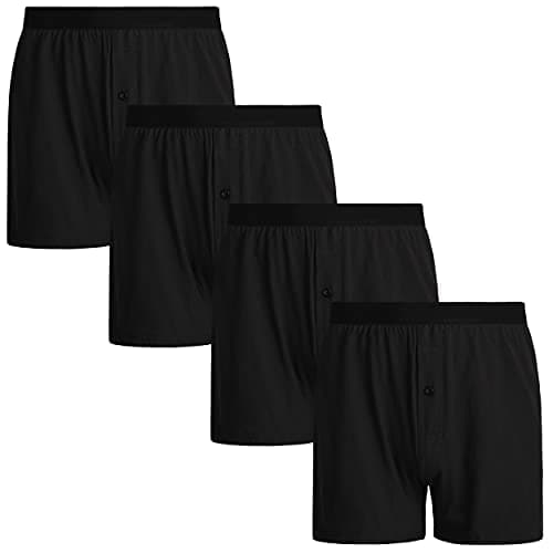 INNERSY Men's Cotton Boxers Loose Fit Breathable Knit Boxer Shorts with Button Fly 4-Pack(4 Black,M)