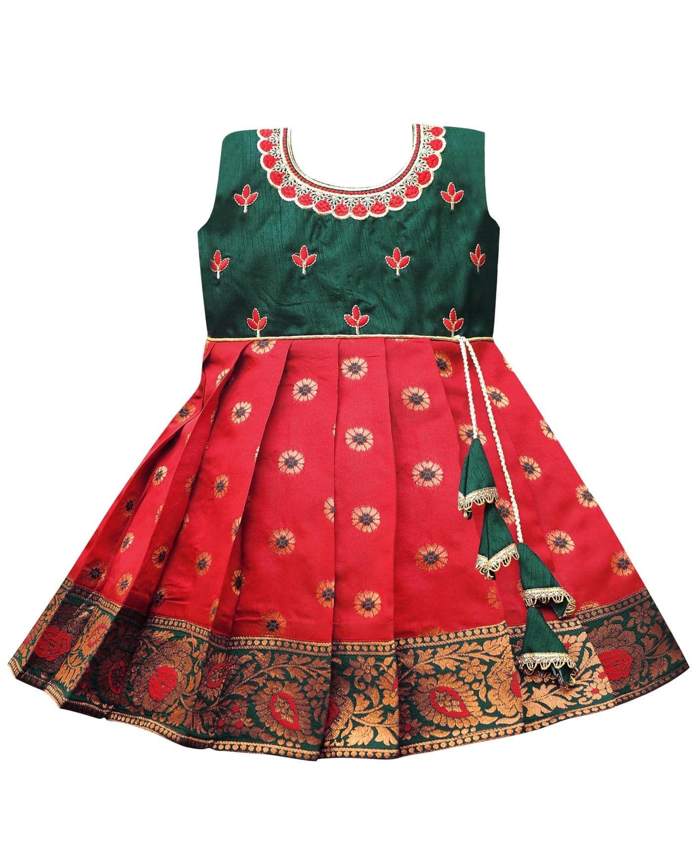 Suzvan South Indian Traditional Embroidery Pattu Pavadai Jacquard Silk Lehenga Choli (Green & Red, 2-3 Years)