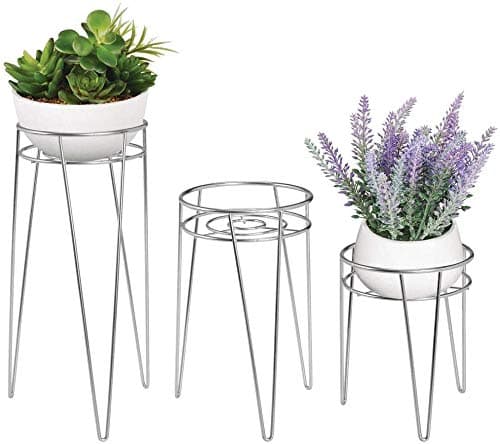 INDIAN DECOR 31144 Midcentury Modern Flower Pot Stand, Metal Succulent and Plant Pot Holder - Minimalist Outdoor & Indoor Plant Holder - Hairpin Legs - Sturdy - Silver (Pack of 3)