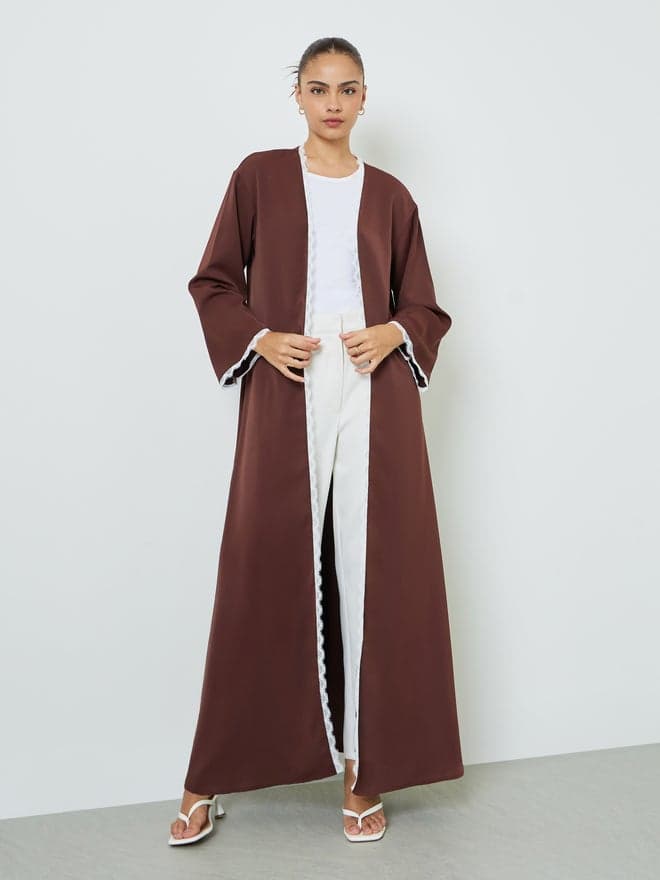 Styli Brown Front Open Abaya with Lace Trim
