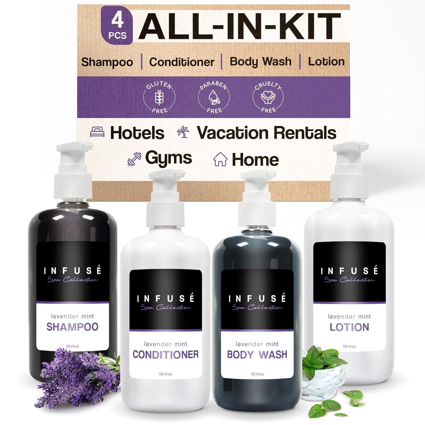 1Shoppe Infuse Lavender Mint Spa Collection Amenities Set 1014 oz Pumps Shampoo Conditioner HandBody Wash Lotion