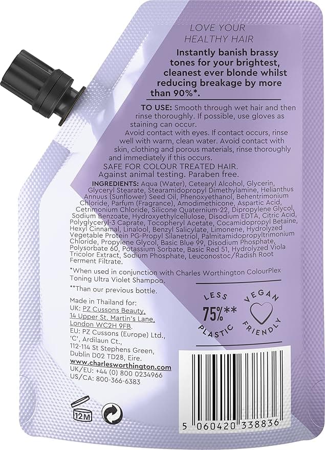 Charles Worthington ColourPlex Toning Violet Conditioner Takeway Travel Size Tone and Brighten Salon Purple Conditioner for Blondes 75ml