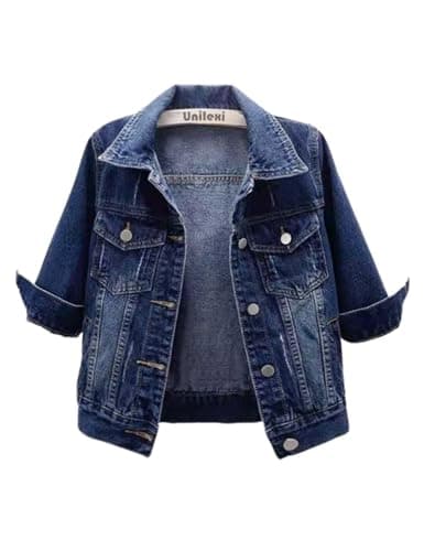 Unilexi Women's 3/4 Sleeve Colored Cropped Denim Jacket Light Wash Short Jean Jacket Trucker Coat(0096-DarkBlue-M)