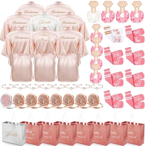 Toulite 48 Pcs Bridesmaid Robe Sets Silk Satin Bride Party Robes with Bachelorette Gift Handbags Knot Bracelets Hair Ties Rhinestone Mirrors and Socks for Bridesmaid Wedding Bachelorette Party