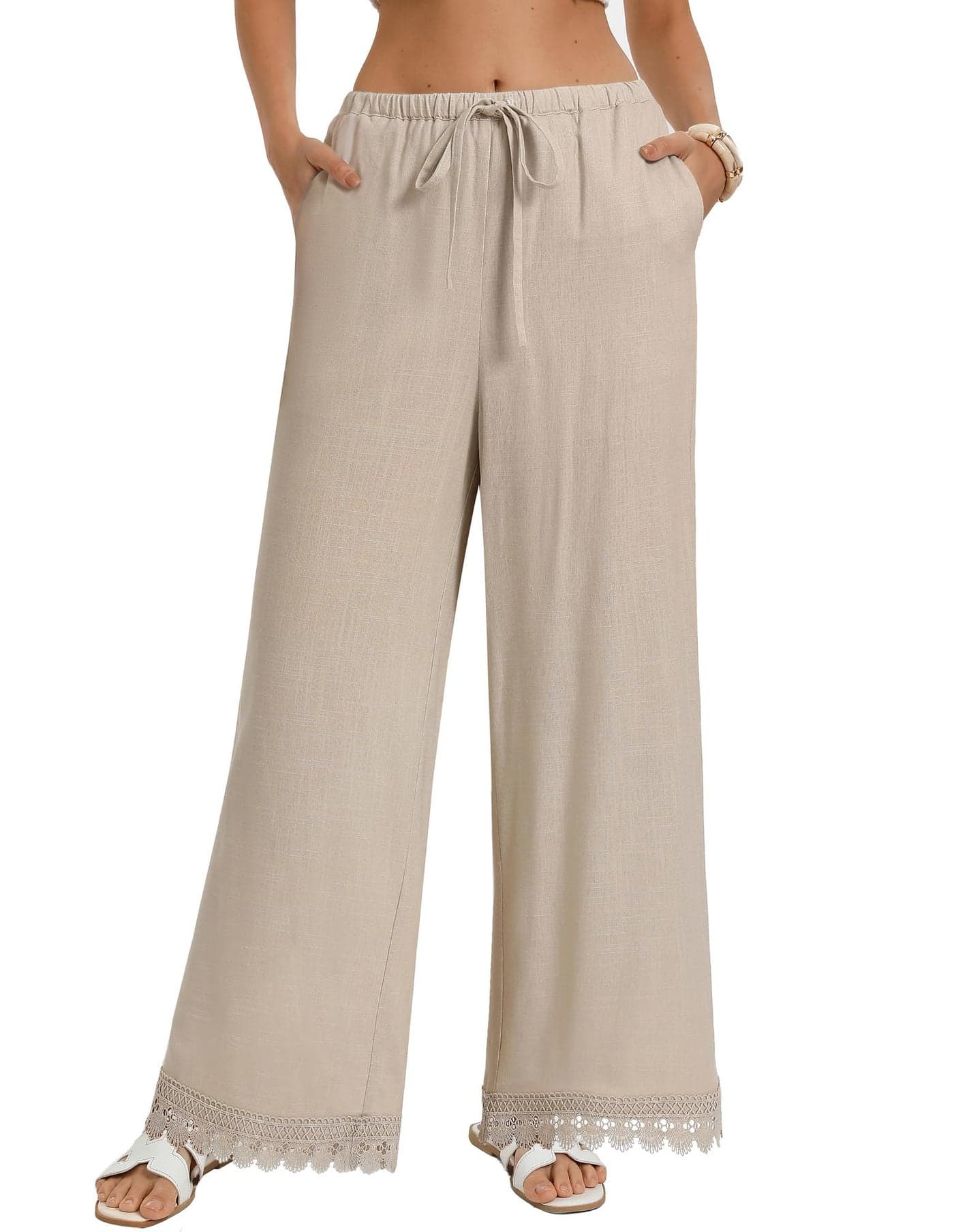 GRACE KARIN Womens Palazzo Pants Casual Drawstring Flowy Comfy Pants Wide Leg Summer Beach Linen Trousers with Pockets Apricot M