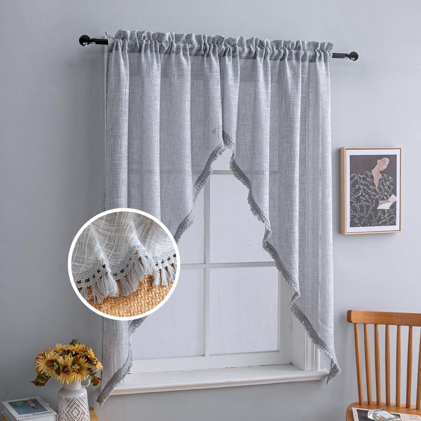 Beda Home Tassel Linen Textured Swag Curtain Valance for Farmhouses Kitchen Light Filtering Rustic Short Swag Topper for Small Windows Bedroom Privacy Added Rod Pocket Design Grey 36x632PCs