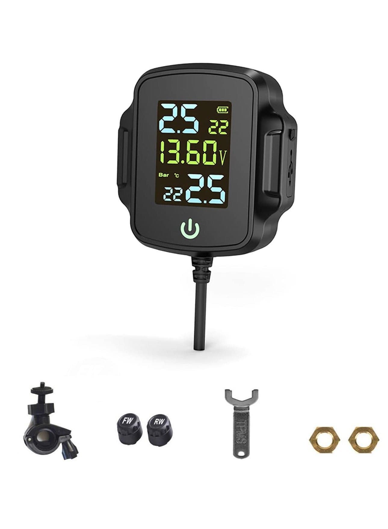 Wireless Motorcycle Tire Pressure Monitoring System with Voltage and USB Charging TPMS 2 External Sensors Digital LCD Display IP67 Waterproof Real-Time