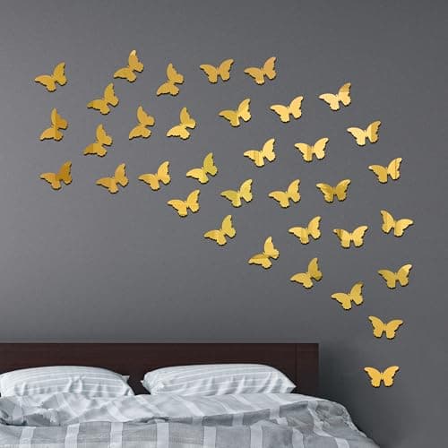 Rousrie Butterfly Mirror Wall Sticker, Golden Glass Stickers for Wall Mosaic Decoration, Acrylic Home décor Wallpaper, for Living Room, Bedroom Decorative Purpose | Set of 30 (Golden)
