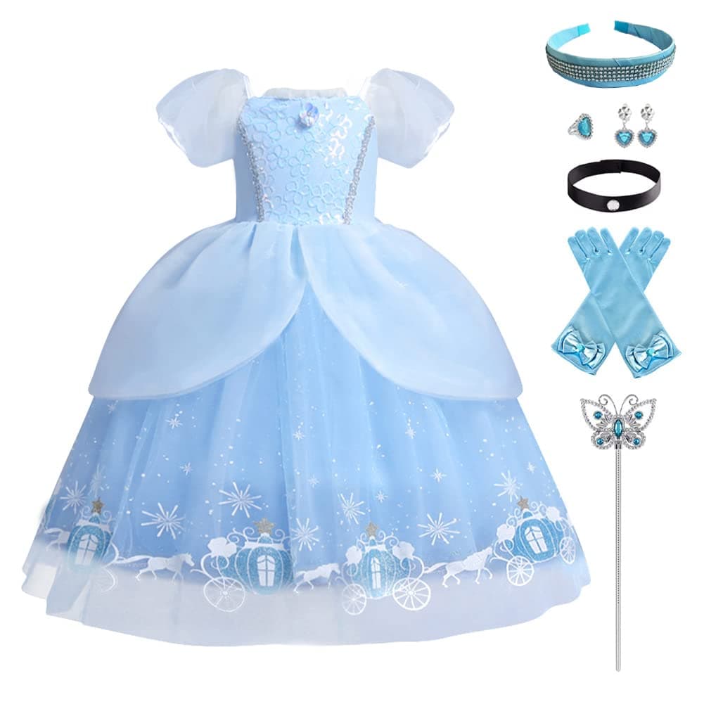 Cinderella Dresses for Girls Kids Little Princess Dress Up Clothes Butterfly Tulle Long Ball GownAccessories Fairy Birthday Party Halloween Christmas Carnival Cosplay Fancy Costume 3Blue 67 Years
