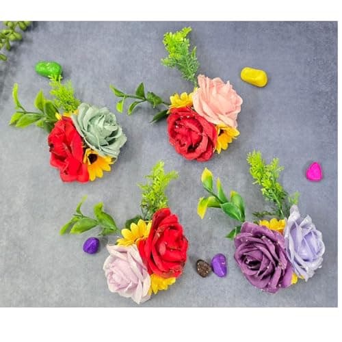VRB Dec 6 pcs Handmade Flower for Gift Packing,Wedding Trousseau Packing,Gift Packing,Flowers,Flower Bunch for Hamper,Tray,Gift Decor.(Multicolor) (6 Pcs - Design 2)