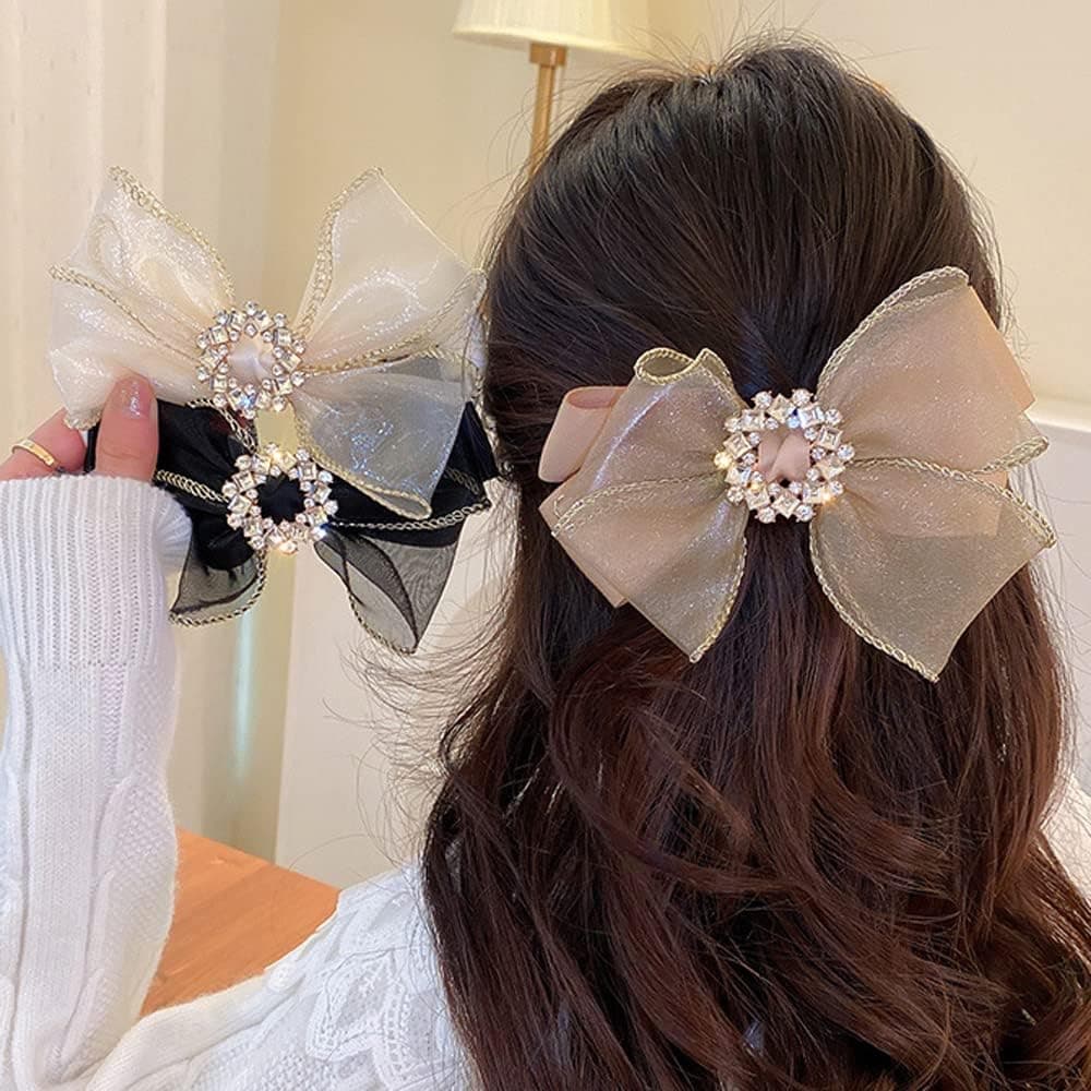 Wiwpar Hair Clip for Women with Gauze Bow and Rhinestones, Ivory - 5.90*3.90in, Fabric, Alloy, Rhinestones, Hair Accessory for Women and Girls, Wedding, Party, Event Hair Clip