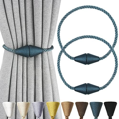 Nieffeiy 2 Pack Magnetic Curtain Tiebacks Rope Modern Handmade Curtain Tie Backs Decorative Drapes Weave Holdbacks for Window Décor, Blue